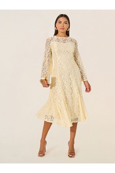 Styli Solid Lace Bell Sleeves A-Line Midi Dress