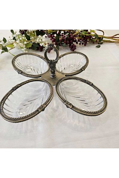 MaviDamla 4 Compartment Cast Metal Frame Snack Bowl Gold Antique