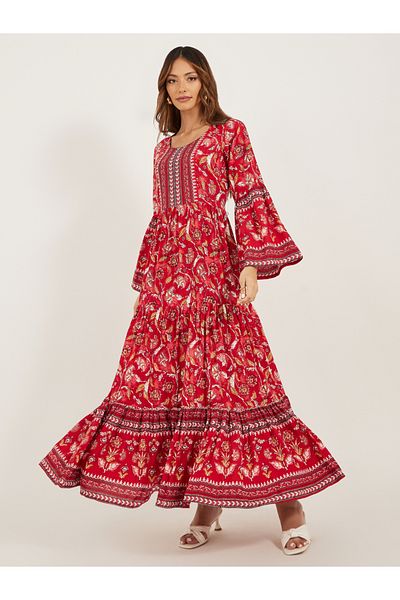 Styli Floral Print Bell Sleeves A-Line Maxi Dress
