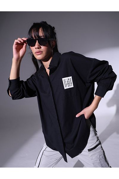 Hubberholme By Styli Solid Badge Detail Oversized Shirt with Pocket