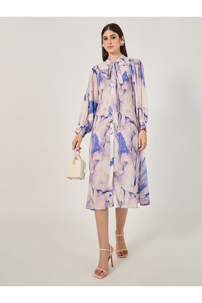 Styli All Over Print Tie-Up Neck Shirt Midi Dress