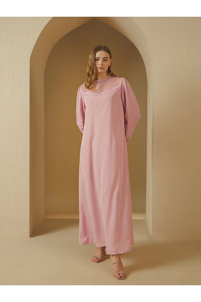 Styli Embellished Round Neck Mesh Insert A-Line Jalabyia