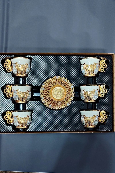 KT HOME Türk Kahvesi Sunum Seti 6 Kişilik Metal Kahve Fincan Takımı Kahve Fincanı 6 Lı Taşlı Kristal