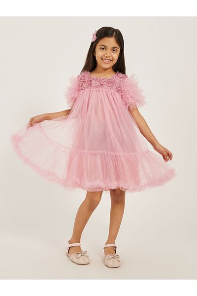 Styli Solid Ruffled Sleeves Dress with Corsage Detail