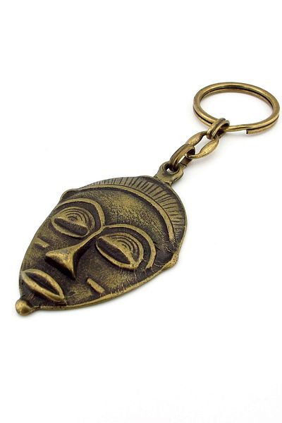 Solfera African Tribal Ceremonial Mask, Antique Yellow Tumbled and Metal Keychain