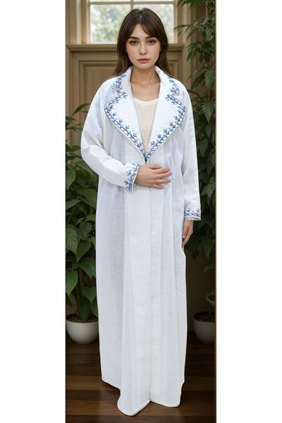 Generic White linen abaya with a folded collar and embroidered details on the cuffs and sleeves