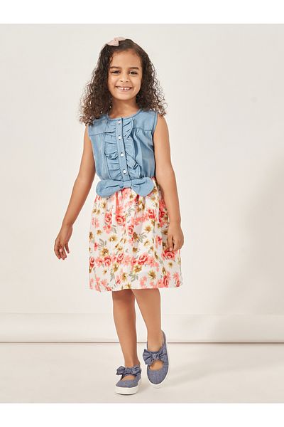 Styli Mix Media Ruffle Trim A-Line Dress