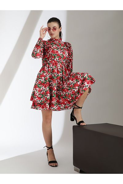 Kotty By Styli Floral Print Layered Fit and Flare Knee Length Dress