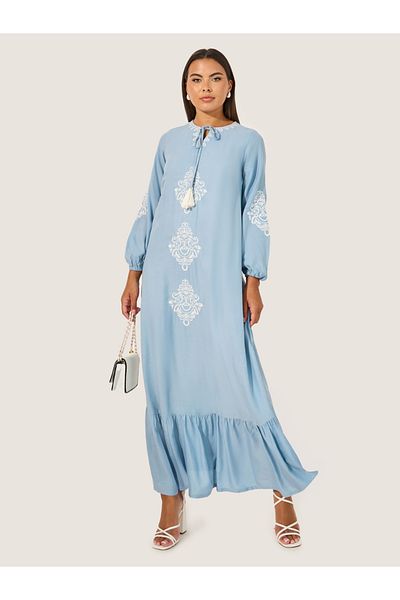 Styli Embroidered Long Sleeves A-Line Maxi Dress