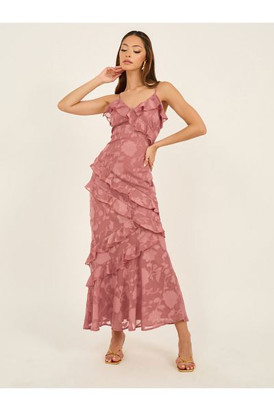 Styli Ruffle Detail Strappy A-Line Maxi Dress