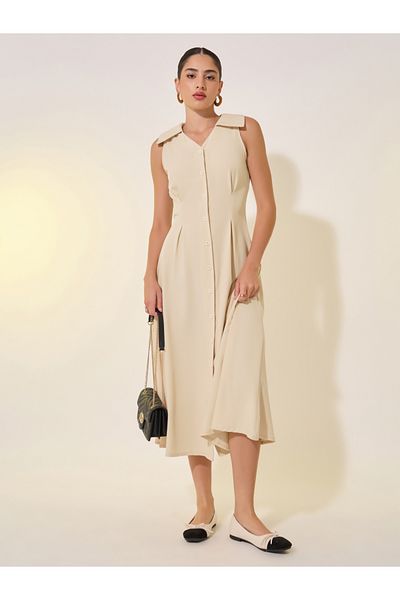 Take Two By Styli Solid V-Neck Sleeveless Button Up Midi Shirt Dress