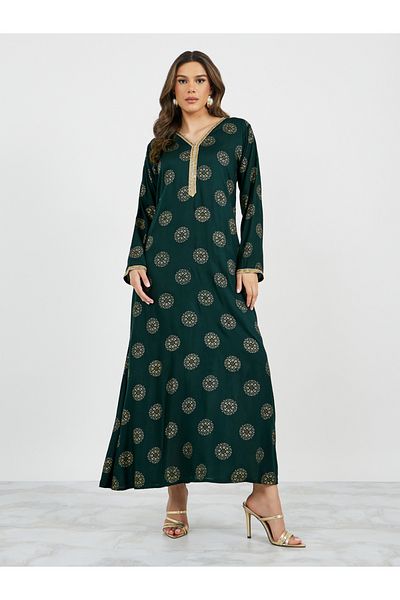Styli All-Over Print Lace Detail V-Neck A-Line Jalabyia