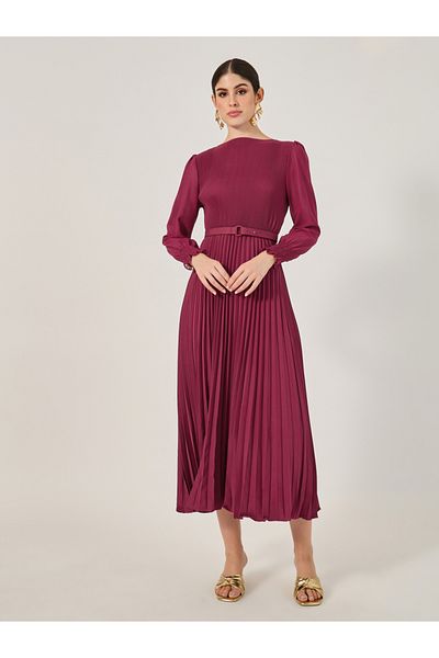 Styli Accordion Pleated Cuffed Sleeves A-Line Midi Dress