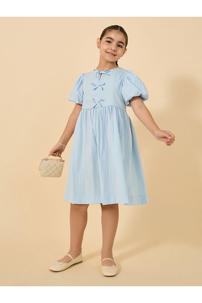 Styli teen girls solid dress with balloon sleeve and front bow