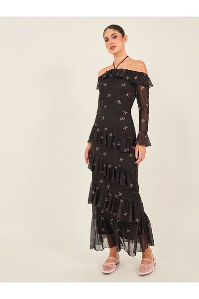 Styli Printed Ruffle Detail Off Shoulder Tiered Maxi Dress