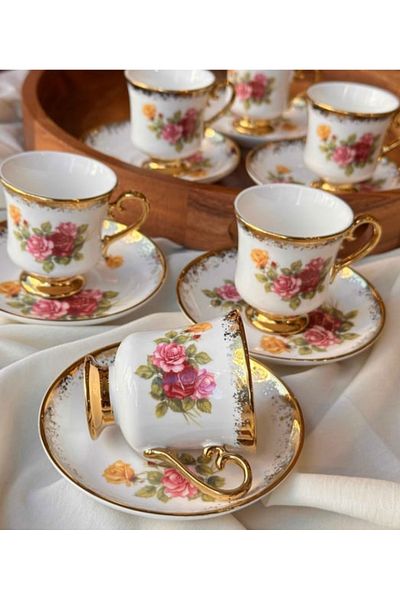 Kosova Evimsahane Owen Floral Coffee Cup Set with 6 People's Feet