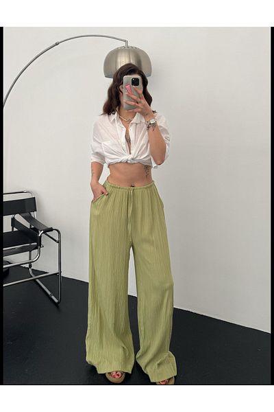 Bak'ap Premium Seersucker Linen Summer Loose Wide Leg Lace up Trousers