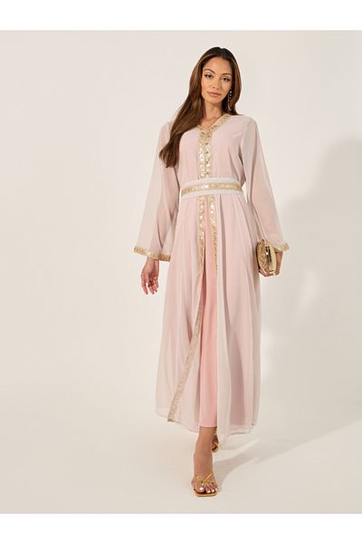 Styli Embellished Lace Insert V-Neck Layered Kaftana