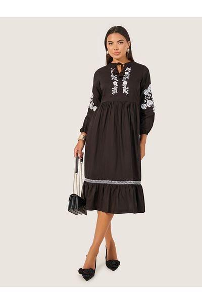 Styli Embroidered Long Sleeves A-Line Midi Dress
