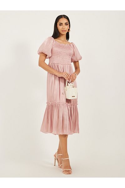 Styli Plain Smocked Balloon Sleeves A-Line Midi Dress