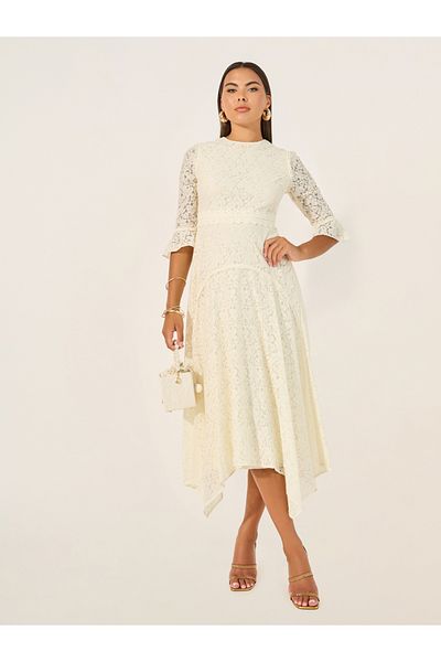 Styli Lace Detail High Neck Asymmetric Hem Midi Dress