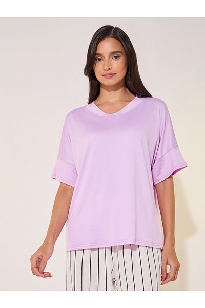 Styli Solid V-Neck T-Shirt and Striped Pyjama Set