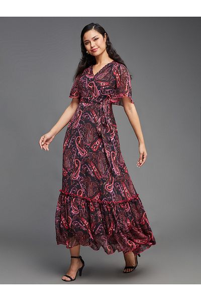 Styli Paisley Printed Wrap Look A-Line Maxi Dress