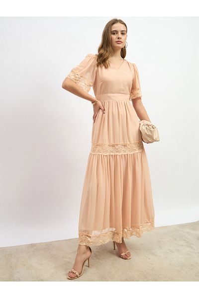 Styli Plain Flared Sleeves Tiered Maxi Dress with Lace Trim