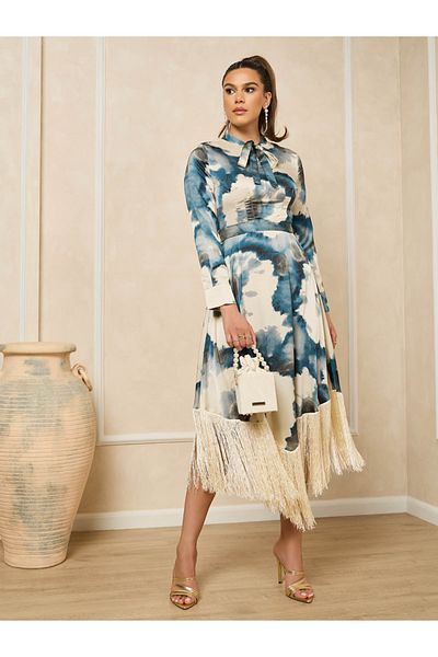 Styli Print Long Sleeves Shirt Midi Dress with Fringe Hem