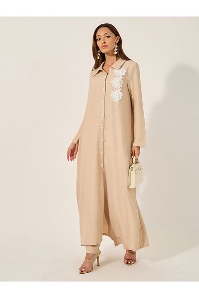 Styli Collared Lace Detail Buttoned Maxi Shirt and Trousers Set