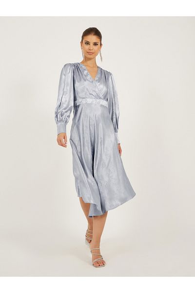 Styli Textured Long Sleeves Pleated A-Line Midi Dress