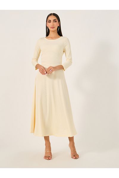 Styli Solid Round Neck A-Line Midi Dress with 3/4th Sleeves