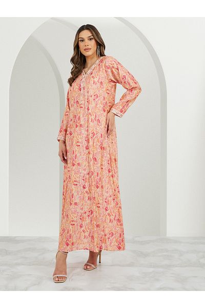 Styli Printed Embroidered V-Neck A-Line Jalabyia
