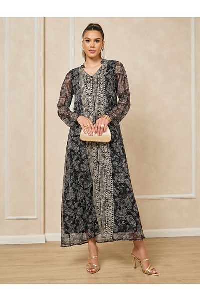Styli Printed V-Neck Embroidered A-Line Jalabayia