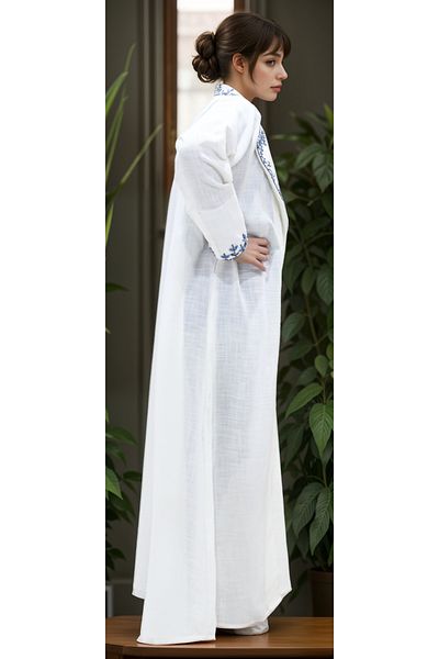 Generic White linen abaya with a folded collar and embroidered details on the cuffs and sleeves