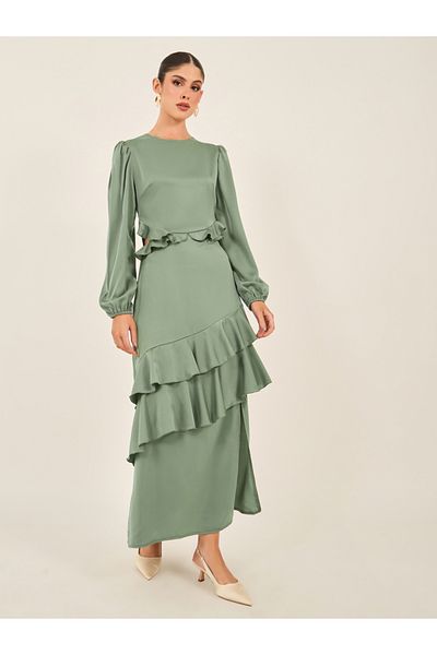 Styli Ruffle Detail Balloon Sleeves A-Line Maxi Dress