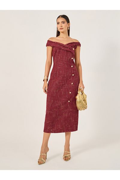 Styli Tweed Sleeveless Off Shoulder Sheath Midi Dress