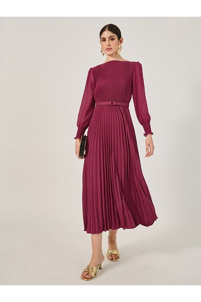 Styli Accordion Pleated Cuffed Sleeves A-Line Midi Dress
