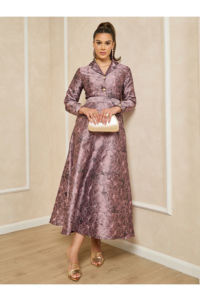 Styli Jacquard Collared Long Sleeves A-Line Maxi Dress
