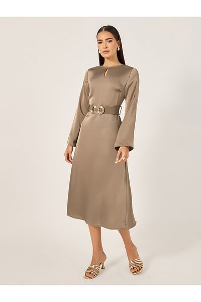 Styli Belted Keyhole Neck A-Line Midi Dress