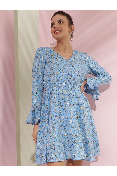Kotty By Styli Floral Printed V Neck Fit and Flare Mini Dress
