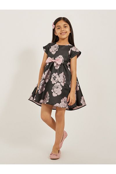 Styli Floral Jacquard Short Sleeve Dress with Bow Detail