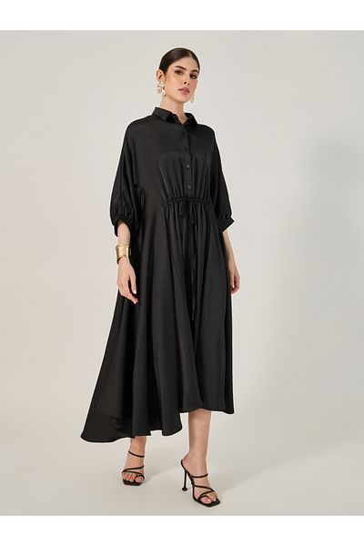 Styli Ruched Waist Buttoned Shirt Midi Dress