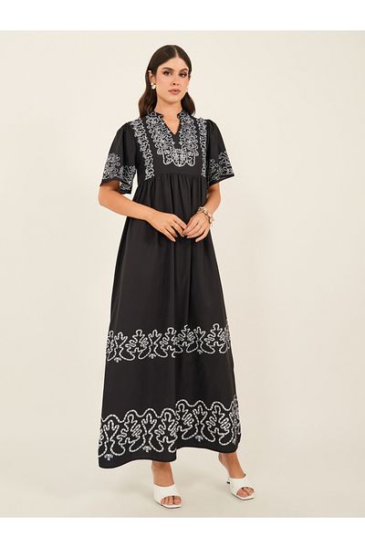 Styli Printed Puff Sleeves A-Line Maxi Dress