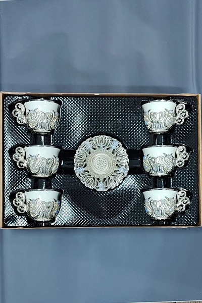 KT HOME Türk Kahvesi Sunum Seti 6 Kişilik Metal Kahve Fincan Takımı Kahve Fincanı 6 Lı Taşlı Süslemeli