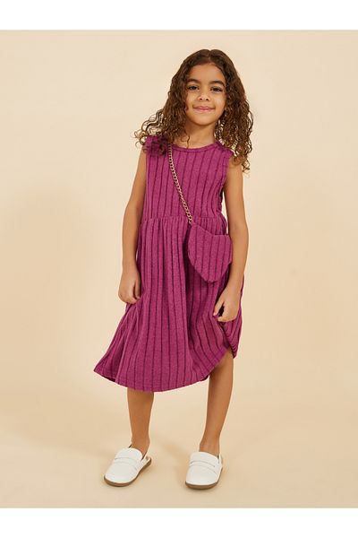 Styli Ribbed Knit Sleeveless A-Line Dress with Bag