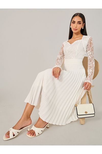 Styli Lace Detail Pleated A-Line Midi Dress