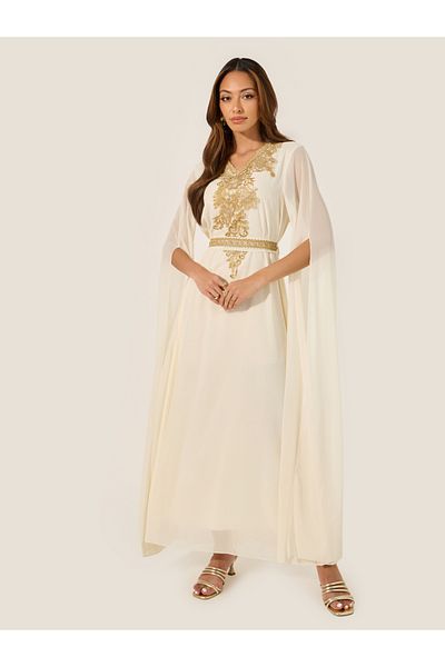 Styli Lace Detail V-Neck A-Line Belted Kaftan