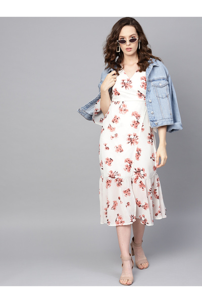 Sassafras By Styli Floral Print A-Line Wrap Midi Dress