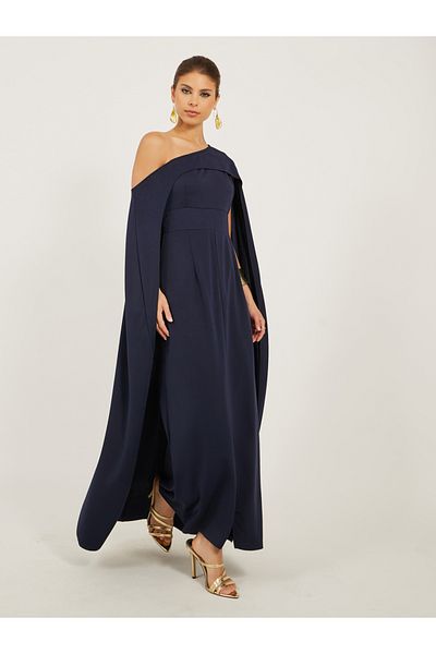 Styli Solid One Shoulder Cape Sleeve Maxi Dress